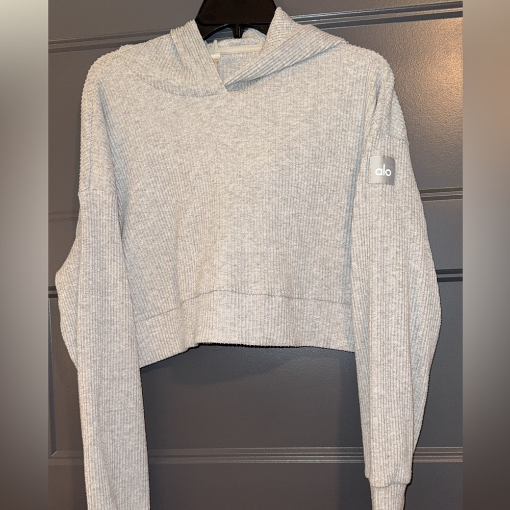 ALO Yoga Light Gray Ribbed Cropped Sweatshirt